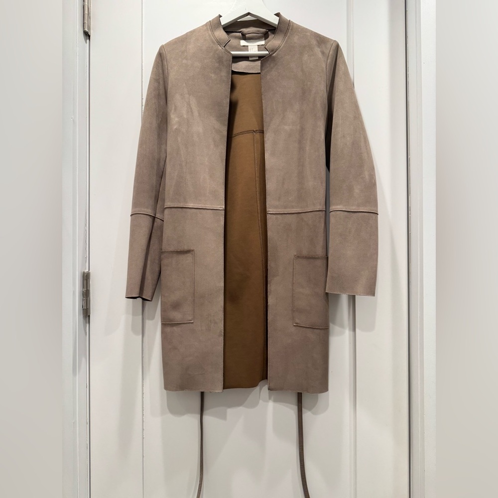 H&M Taupe Faux Suede Longline Jacket with Belt